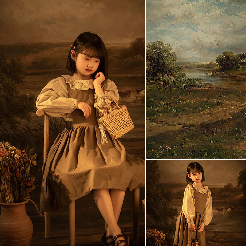 儿童风景影楼油画布绘画背景布画艺复古喷绘背景影楼拍照儿童仿手
