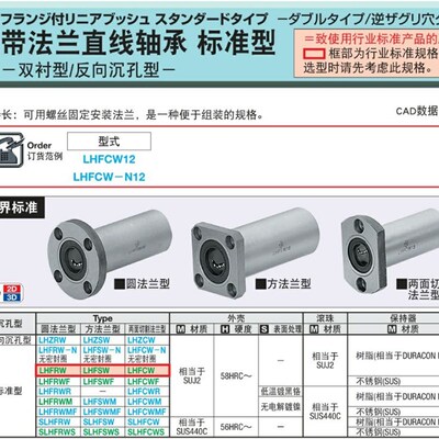 双衬型 直线轴承 反向沉孔型 LHZRW6 8 10 12 13 16 20 LMG31
