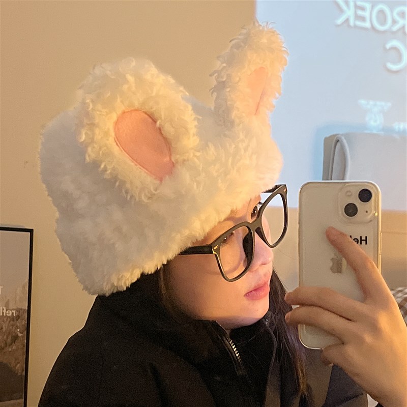 冬季帽子女款2023新款可爱甜美兔耳朵毛线帽护耳毛绒针织帽小冷帽