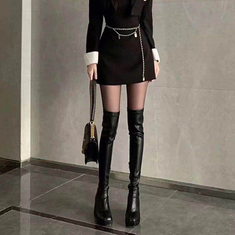 黑色过台膝长筒高靴女个年秋新款粗跟防水筒靴小sfTqgQKN子百搭弹