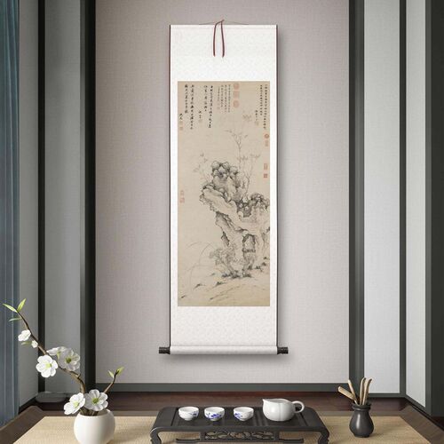明沈周《芝兰玉树》客厅书房茶室装饰画挂画N玄关水墨高清卷轴字