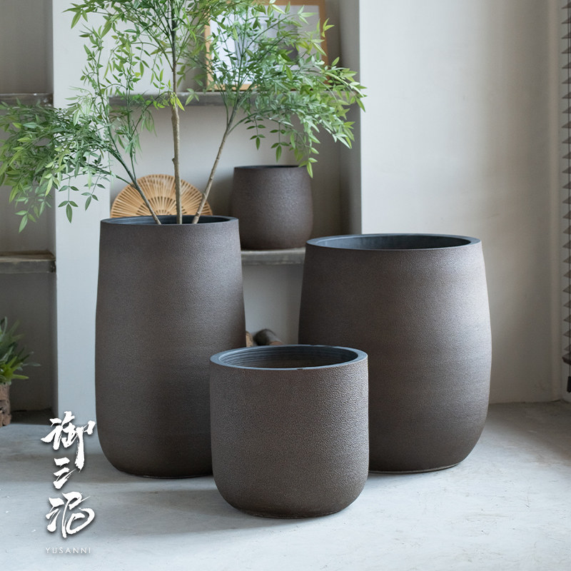 现代简约棕儒花j盆森绿植插花大口径摆件大型陶瓷落地花瓶花坛
