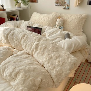 软糯奶油风秋冬保暖舒棉绒四件套少女纯色简约加厚牛奶绒床品床笠