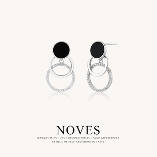 诺唯思NOVES几何圆圈耳环女黑玛瑙纯银耳钉2025新款高级感耳饰