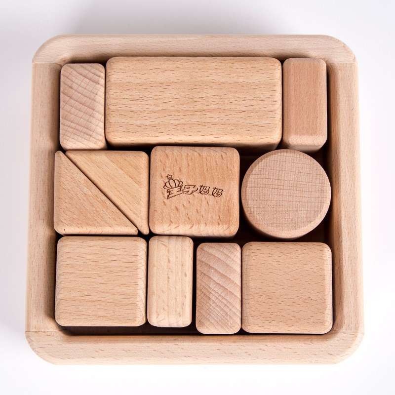 儿童启蒙益智无漆原木色可啃咬大颗粒几何形状堆叠实木榉木积木