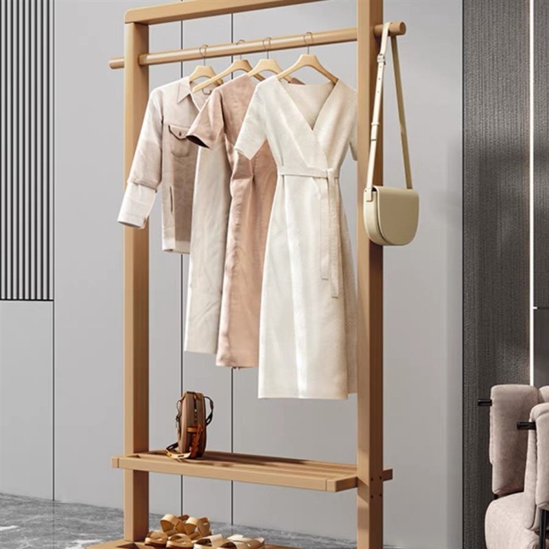 单杆加粗衣帽架带滑轮新中式简约加厚晾衣架多功能落地衣柜置物架