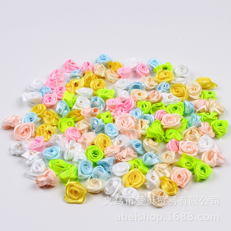 玫瑰花缎带1.5厘米涤纶仿真花300/包手工缎带花婚庆饰品