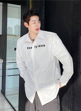 春很仙的衬衫男长UFs1yiph袖秋季性垫衣肩双层设个计感韩版网红白