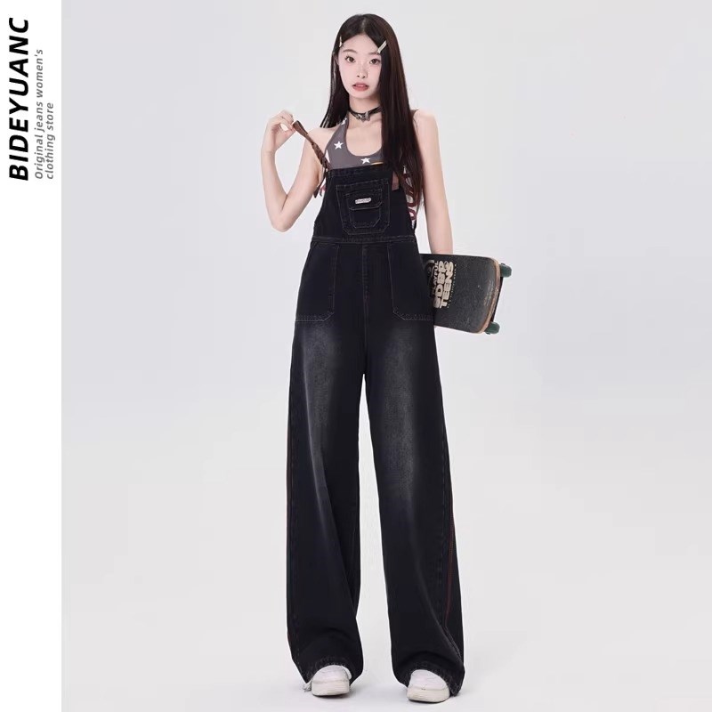 美式减龄牛仔背带裤女大码胖mm2024年辣妹O宽松显瘦阔腿工装连体