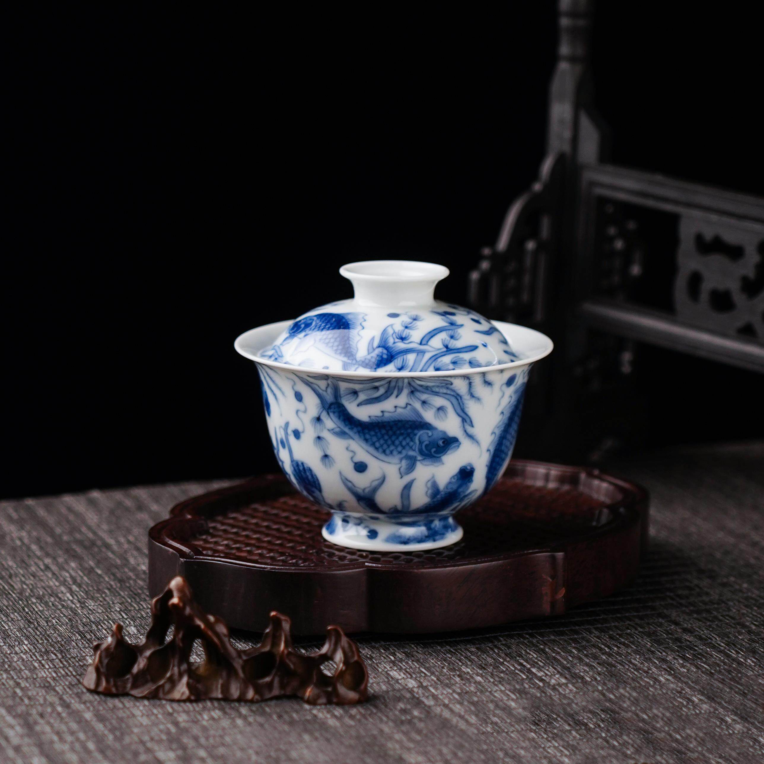 望月怀古鱼乐图手绘大号高档盖碗陶瓷全手工WYHG125青花茶具家用
