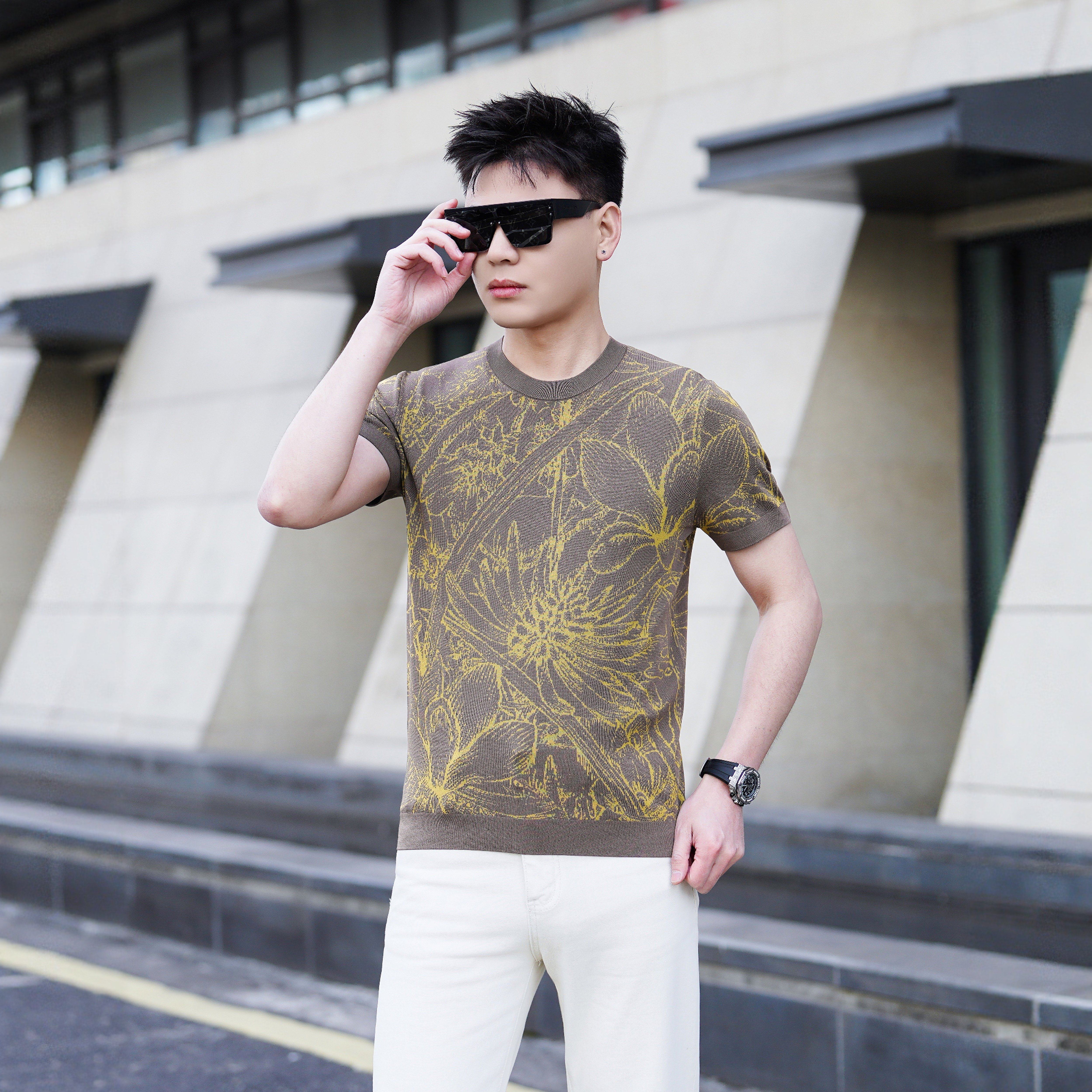 伊力特植物花卉休闲风修身型圆领针织衫潮流提花短袖T恤男夏季
