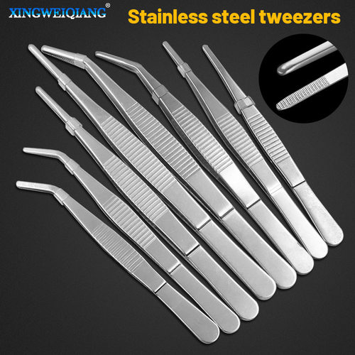 不锈钢圆头带齿敷料镊子125--180mm加厚镊子直头弯头园艺造景夹子