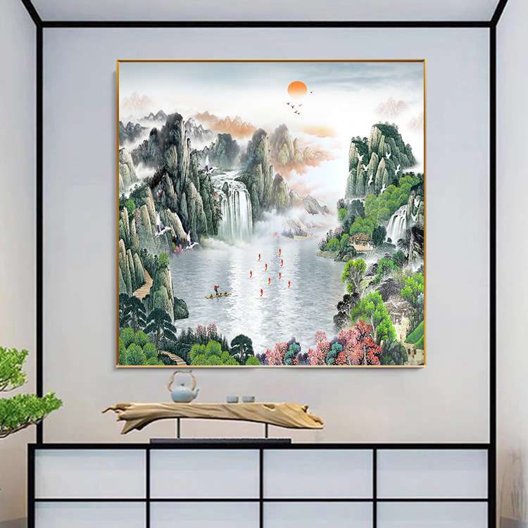 聚宝盆山水画玄关客厅挂画正方形九鱼图风水招财八方聚财装饰画图片