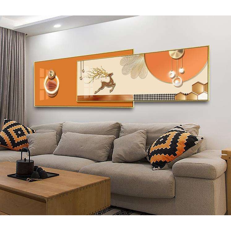 北欧轻奢客厅挂画爱马仕橙色卧室壁画几何招财福鹿床头叠加装饰画图片