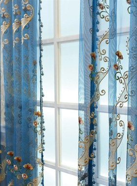 蓝色璀璨窗帘刺绣花纱帘欧式窗纱帘布料蚊帐门帘厂家直销*DL