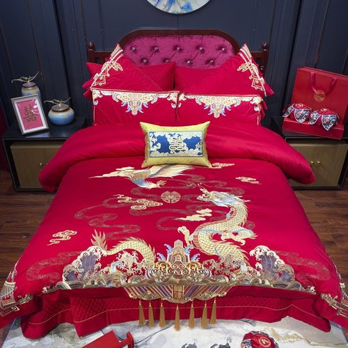 婚庆四件套大红龙凤刺绣新婚四六十件套结婚喜庆套件婚嫁床上用品