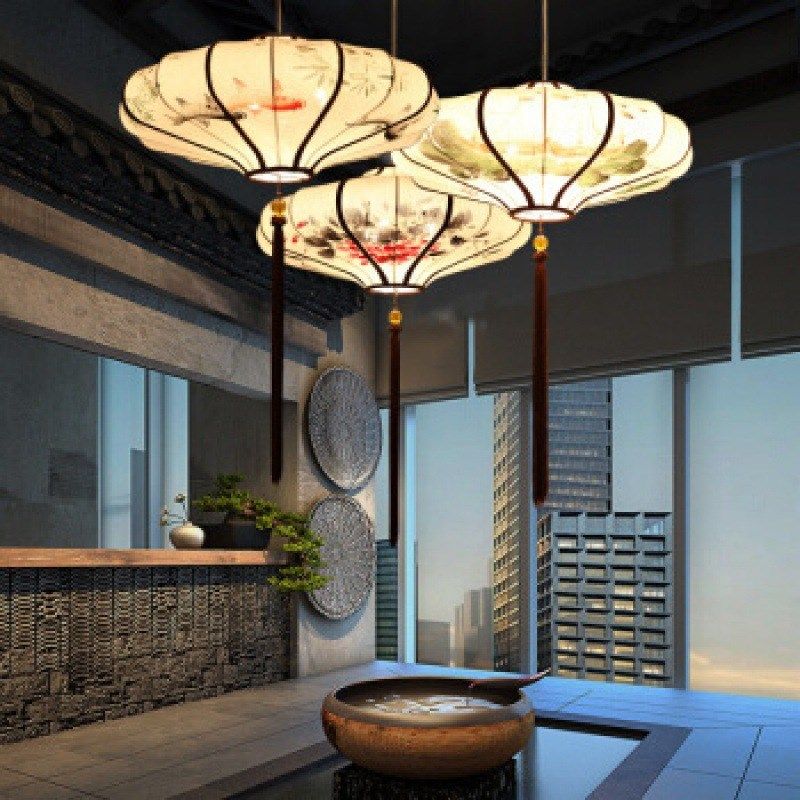 中国风新中式吊灯仿古手绘水墨画灯笼酒店餐厅创意古典茶楼工程灯,家装灯饰光源,客厅吊灯,淘宝优惠券,粉丝福利购,淘宝优惠卷