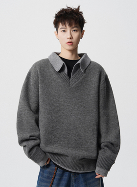 追素TS秋冬季2025新款男生美式假两件休闲针织衫男士宽松百搭毛衣