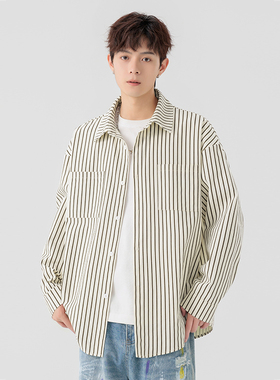 追素TS秋季2025新款男生宽松休闲条纹衬衫男士日系长袖情侣衬衣潮