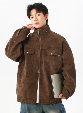 追素TS秋冬季2025新款男生美式立领工装皮夹克男士休闲皮衣外套潮