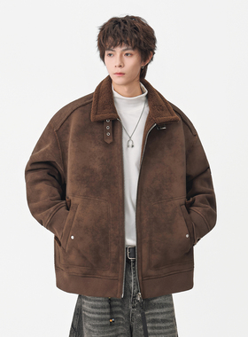 追素TS秋冬季2025新款男生羊羔毛皮毛一体夹克男士休闲立领外套潮