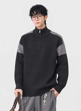 追素TS秋季2025新款男生美式立领套头拼色针织衫男士休闲宽松毛衣