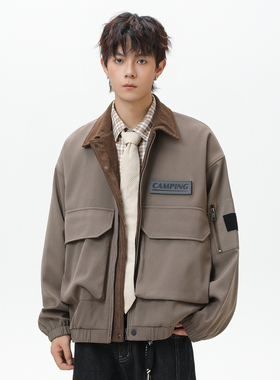 追素TS工装翻领夹克2025秋冬新款男生美式重磅休闲拼色外套上衣潮