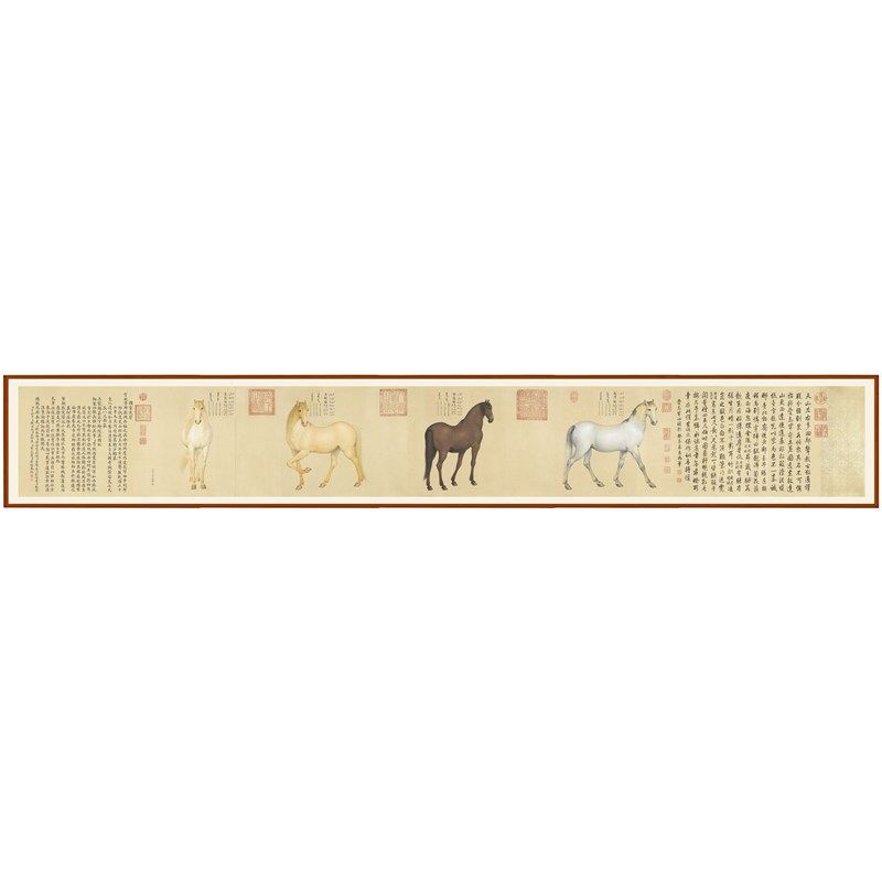 郎世宁工笔画花鸟图客厅挂画装饰画爱乌罕四骏图字画国画卷轴定制