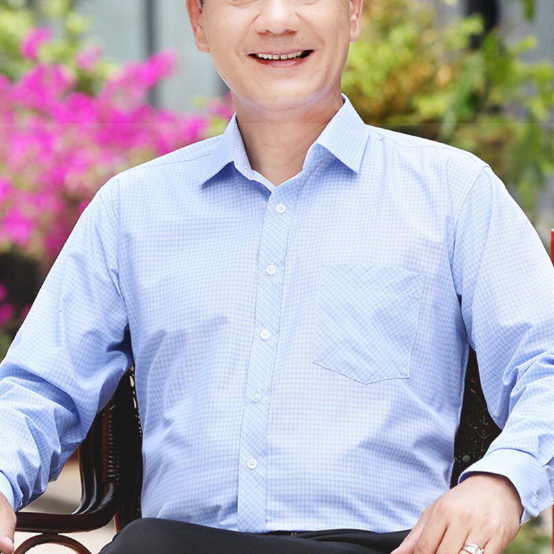 中年男衬衫长袖宽松春夏季爸爸装衬衫中老年男士父亲薄款休闲衬衣