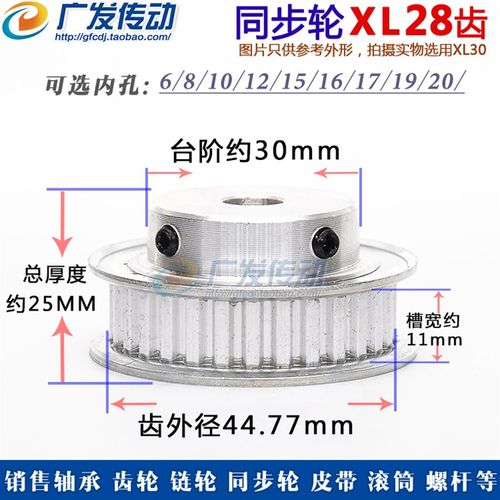 同步轮XL28齿/T BF型 同步带轮 槽宽11 键槽 内孔6-20 凸台带