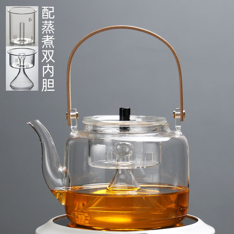 耐高温玻璃侧把煮茶蒸汽壶双炉嵌入式茶台桌茶盘电陶茶炉自动上水