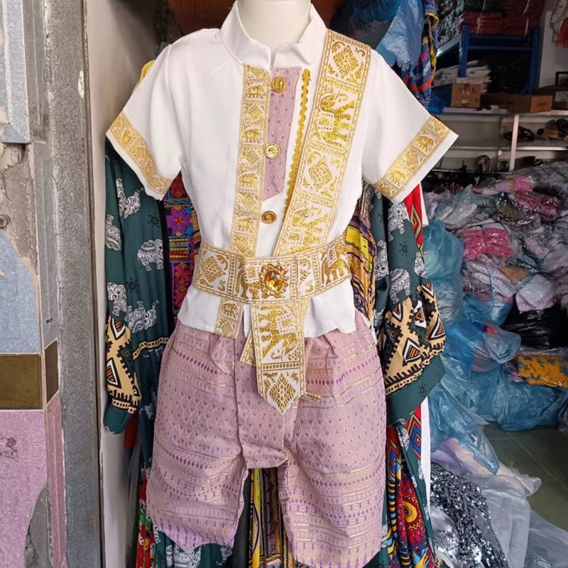 西双版纳泰版夏季男童傣族民族服装套装六一节表演泼水节服饰