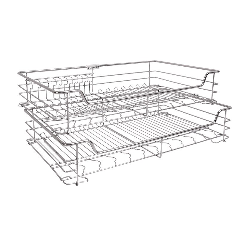 厨房拉篮双层橱柜内304不锈钢内置收纳碗架抽屉式碗篮调味碗柜