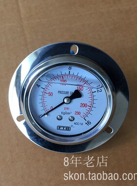 FTB双叶耐震压力表0-16KG/230psi防震压力表螺纹PT1/4轴向带边