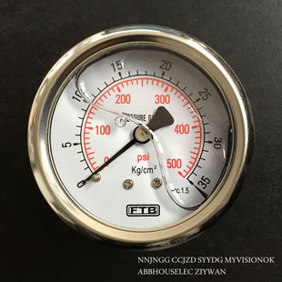 FTB不锈钢60mm轴向防震压力表0 500PSI 35KG双叶注液耐震压力表0