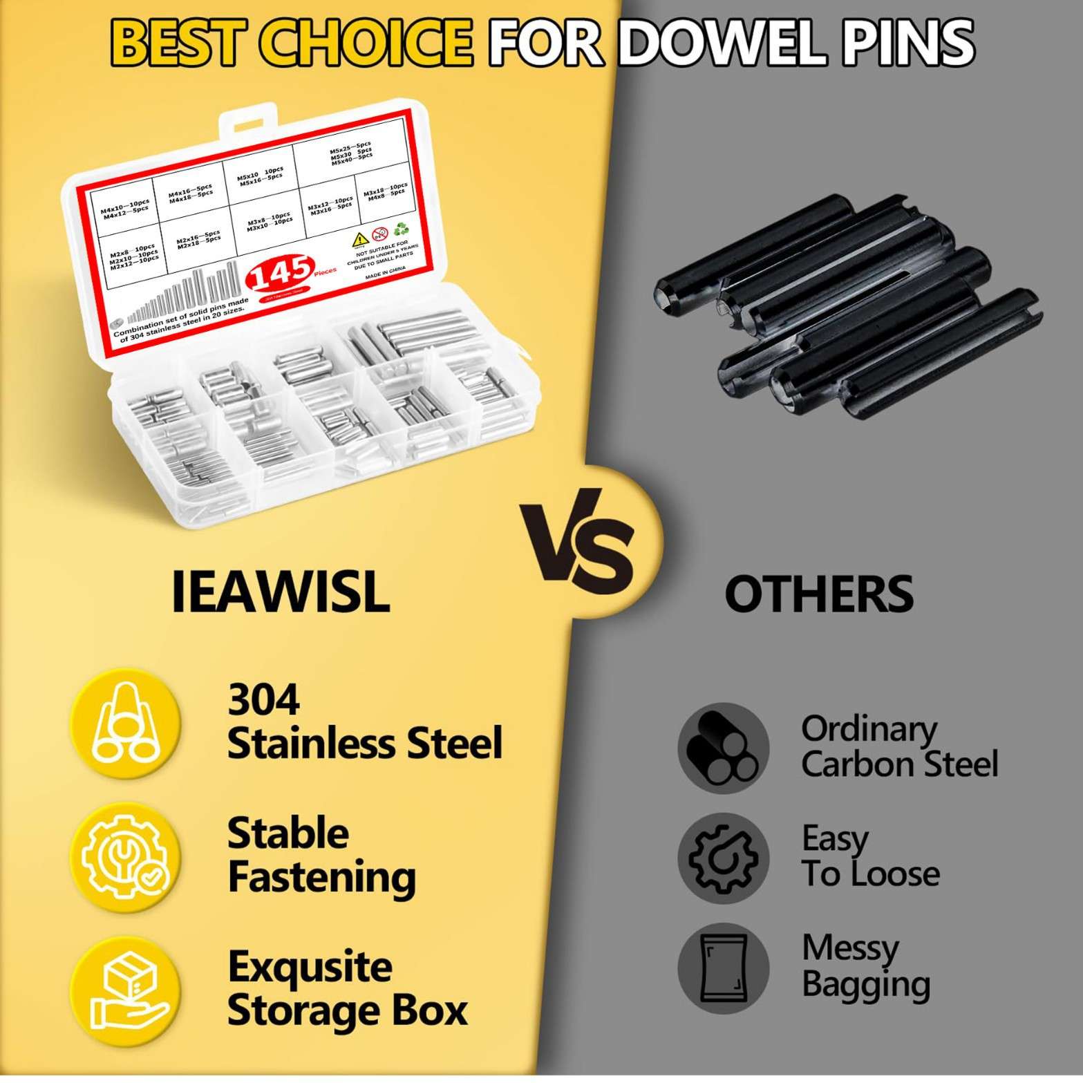 304不锈钢145pcs实心圆柱销组合套装M2 M3 M4 M5跨境螺丝盒装