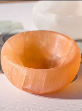 新石膏碗天然石膏矿石碗冥想消磁碗疗愈摆件圆形爱心碗橙色工艺品