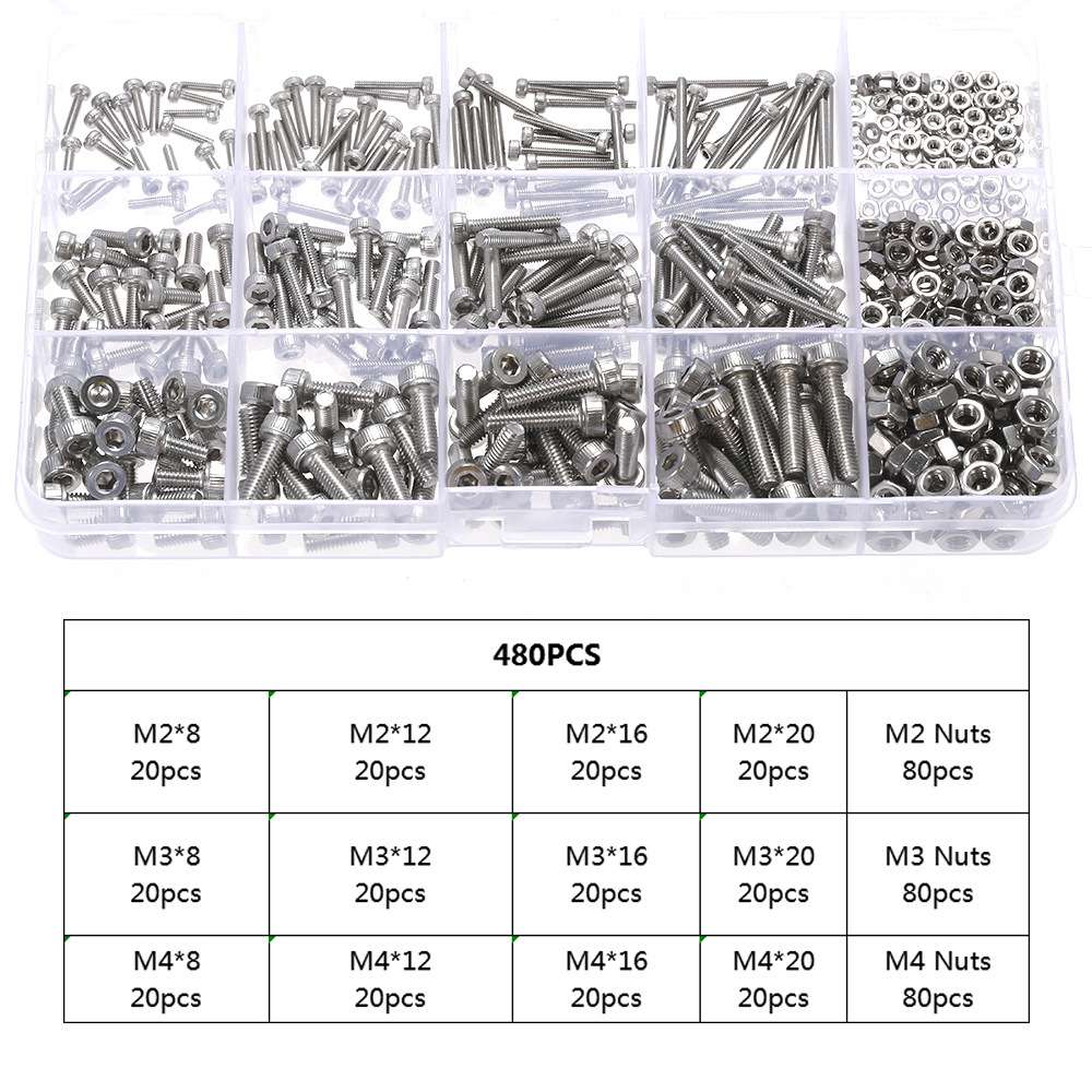 480pcs M2/M3/M4 DIN912 304不锈钢圆柱头内六角螺丝配螺母套件