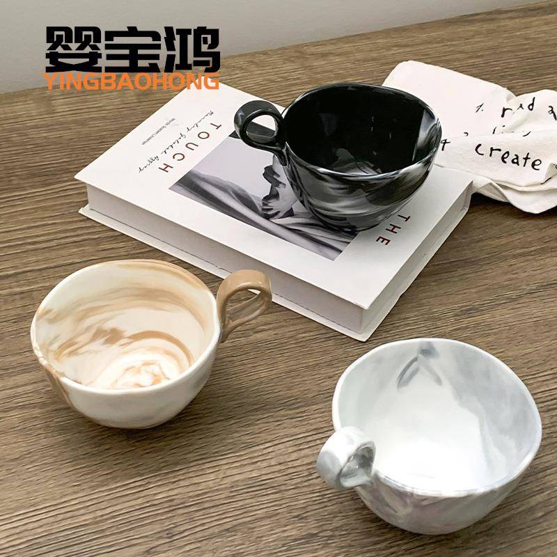 大理石纹美拉德陶瓷杯子纯色提手办公室咖啡杯稀奇古怪把手马克杯