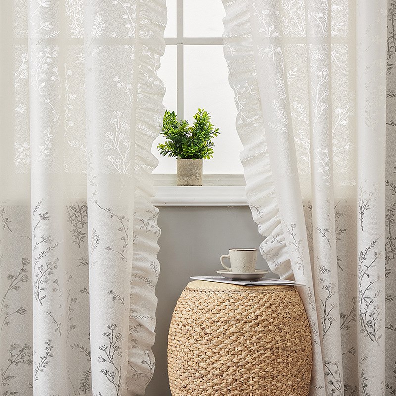 米色芦尾花蕾丝窗帘纱帘美式白色半帘门帘棉麻厨房隔断短帘穿杆法