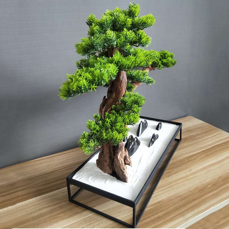 家居客厅玄关装饰品 新中式仿真植物盆景 假山迎客松摆件供应