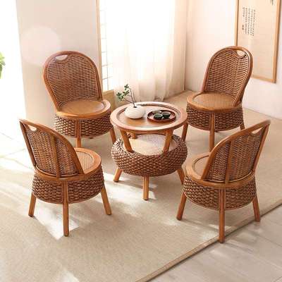L7阳台喝茶桌椅组合简约实木小圆桌榻榻米茶几藤编靠背椅新中式天