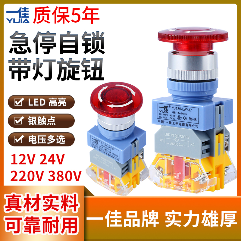 电源LAY37自锁带灯12V 24 220V蘑菇头急停开关紧急停止Y090-11ZSD