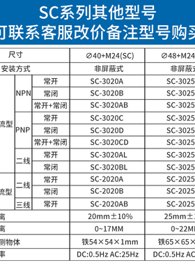 沪工电感式接近开关传感器 SC-3020A三线npn常开24v直流 M40 20mm