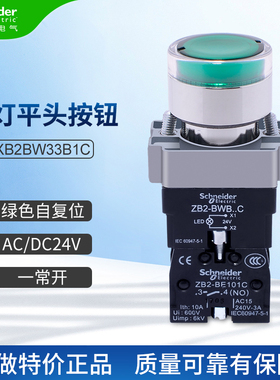 施耐德带灯平头按钮XB2BW33B1C绿色自复位24V一常开带LED灯珠常闭
