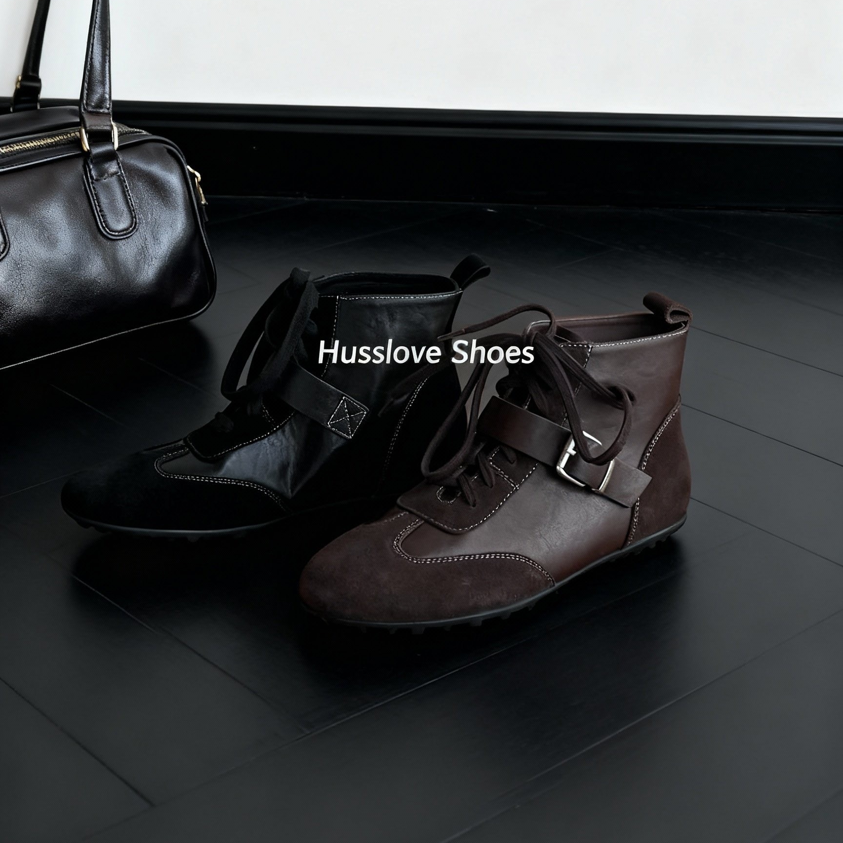 HUSSLOVE 头层牛皮+牛反·跟高3CM·百搭舒适拼接高帮德训休闲鞋