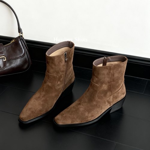 HUSSLOVE 头层牛皮/牛反绒·跟高5CM·简约基础利落百搭质感短靴