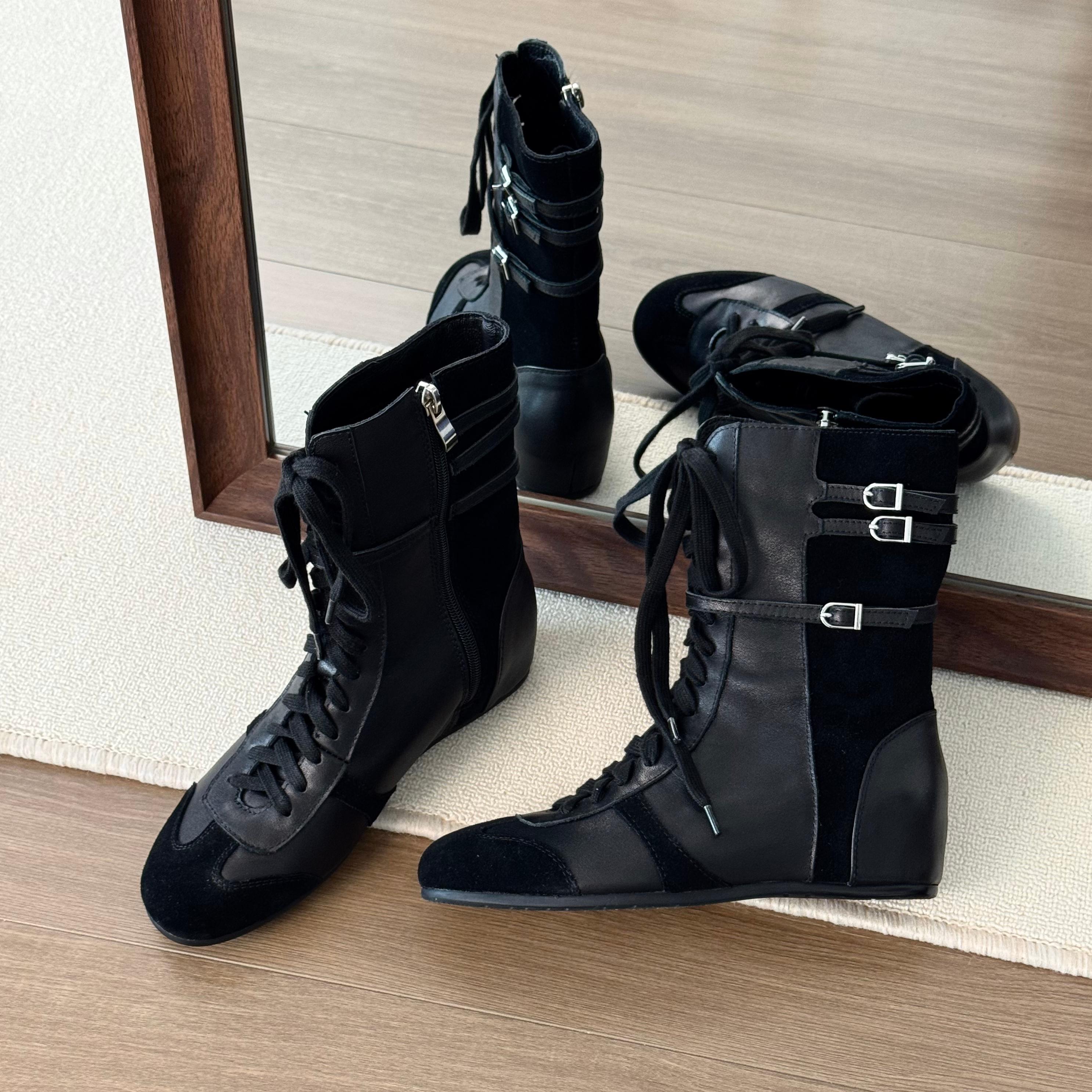 HUSSLOVE 头层牛皮+牛反皮·跟高4CM·时尚大牌磨砂内增高拳击靴