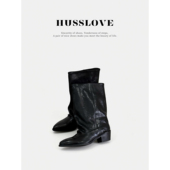 牛反绒·跟高4CM·欧美时尚 HUSSLOVE 头层牛皮 褶皱显瘦烟筒靴女