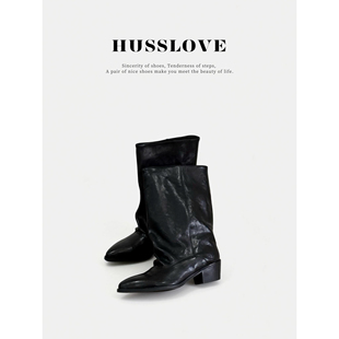 HUSSLOVE 头层牛皮/牛反绒·跟高4CM·欧美时尚褶皱显瘦烟筒靴女